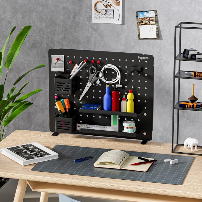 PEGZONE Clamp on Desk Pegboard, 20.4" x 16.5", with 15 Accessories, Black | Magnetic Metal Peg Board, Desk Organizer for Office Gaming Home, Privacy Panel, Large - Image 7