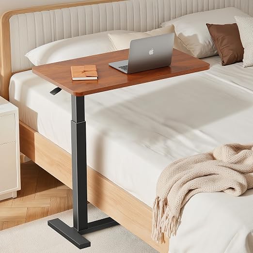 Adjustable Overbed Bedside Table with Wheels, Rolling Laptop Table, Pneumatic Adjustable Hospital & Home Use Bed Table, Mobile Standing Desk, Brown - Image 5