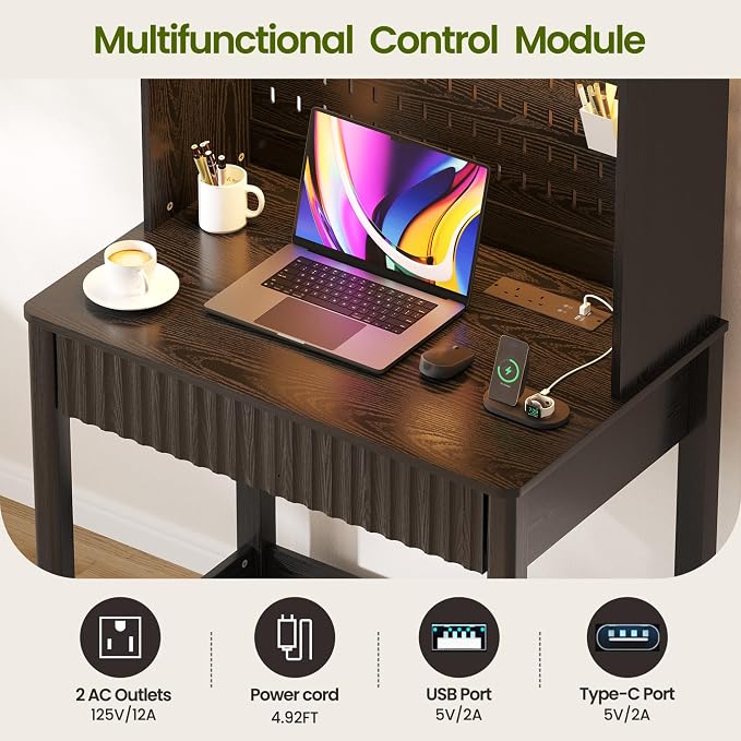 Lvifur LED Writing Desk with Hutch and Pegboard and Power Outlet (Black) | Compact Study Desk with Display Shelf, 3 Color Lights, Adjustable Brightness, USB/Type-C&2 AC Outlets, Drawer wtih Metal Rail - Image 3