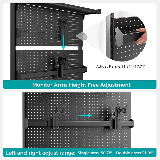 EUREKA ERGONOMIC Desk Pegboard Dual Monitor Stand 59x34 Black | Large steel pegboard with dual monitor stands, LED lighting, privacy panel and modular accessories for gaming desks - Image 4