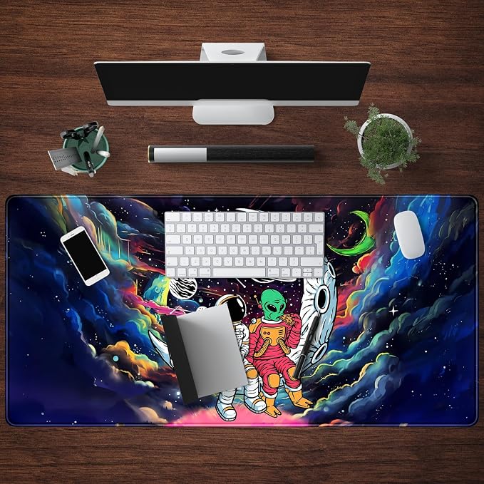 Funny Space Mouse Pad Desk Mat Astronaut Alien Large Gaming Mouse Pads Anime Desk Pad Mousepad XXL Cool Trippy Universe Extended Keyboard Mat with Stitched Edges Anti-Slip, 31.5 X 15.8 in - Image 4