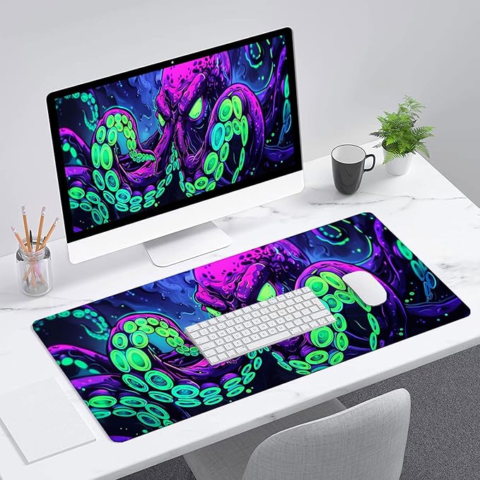 Octopus Desk Mat Gaming Mouse Pad Neon Cthulhu Monster Cool XL Mouse Pad Large Mousepad Extended Laptop Keyboard Mat Gaming Desk Pad Mouse Mat Office Computer Keyboard Laptop Home 31.5"x11.8" - Image 3