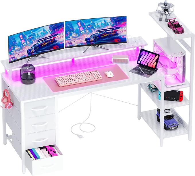 59 Inch Gaming Desk with Drawers & PC Tower Stand & LED Lights, White - Image 9