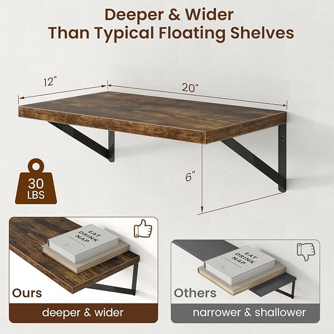 Axeman Deep Floating Shelves - 20 Inch Floating Shelves Set of 2-12 Inch Deep Brown Wood Wall Shelves for Living Room Bathroom Kitchen - Image 3