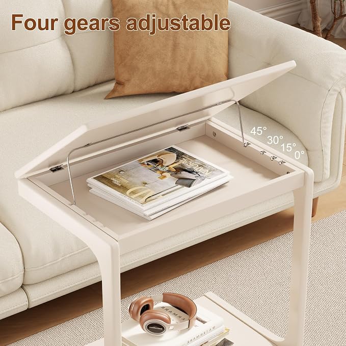AQIMUELE Wooden C-Shaped End Table,Couch Table with Adjustable Desktop,Small Rolling Side Table with 2 Lockable Wheels 23.6" Width,Small End Table for Couch, Living Room,Bedroom (White) - Image 2