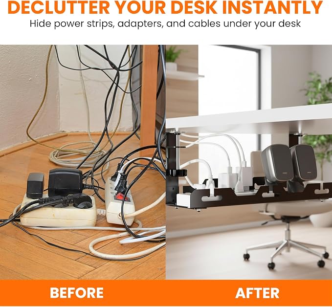 17'' Super Sturdy Cable Tray Under Desk Cord Organizer Standing Desk Cable Management System Large Power Strip Holder Cord Basket With Clamp for Wire Management Rack Office, Home, No Drill & Damage - Image 5