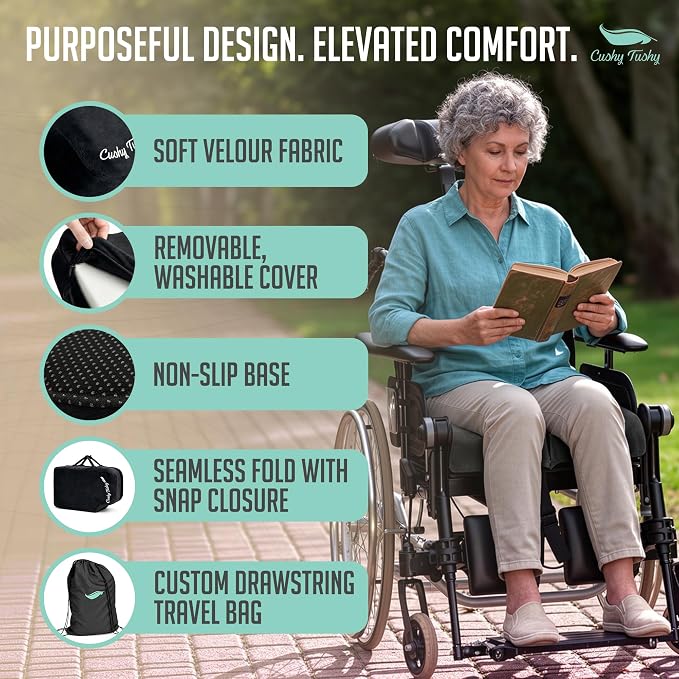 Cushy Tushy Premium Foldable Wheelchair Cushion - for Relief of Lower Back, Sciatic, Butt and Tailbone Pain - for Home & Office Use, Perfect for Travel or Driving - Black Coccyx Seat Cushion - Image 8