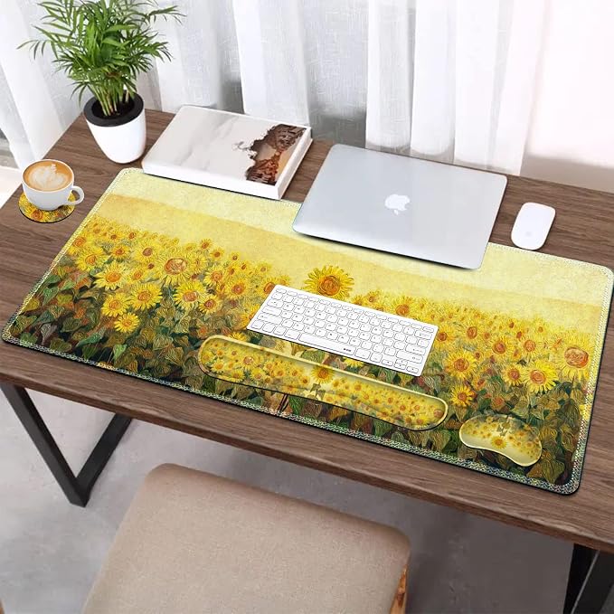 AIMSA Keyboard Mouse Pad Wrist Rest, Extended Gaming Mouse Pad +Wrist Support, Ergonomic Memory Foam,XXL Large Mousepad, 4Pcs (35×15.7 in) Desk Mat, Sunflower Oil Painting - Image 2