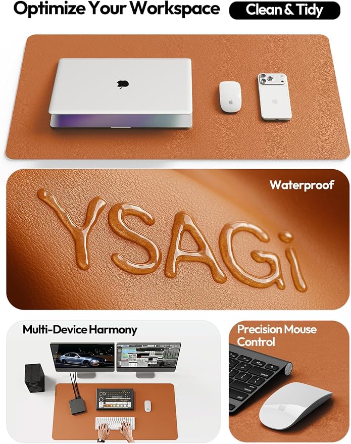YSAGi Leather Desk Protector, Office Mat, Large Mouse Mat, Non-Slip PU Leather Blotter, Laptop Desk Pad, Waterproof Writing Pad for Office and Home (Brown, 47.2" x 23.6") - Image 8