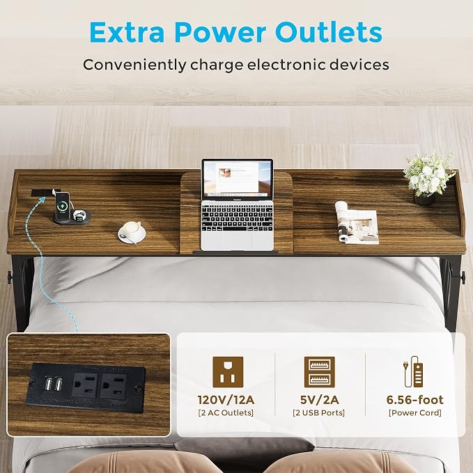 71 in Queen Size Overbed Table with Wheels, Brown - Image 4