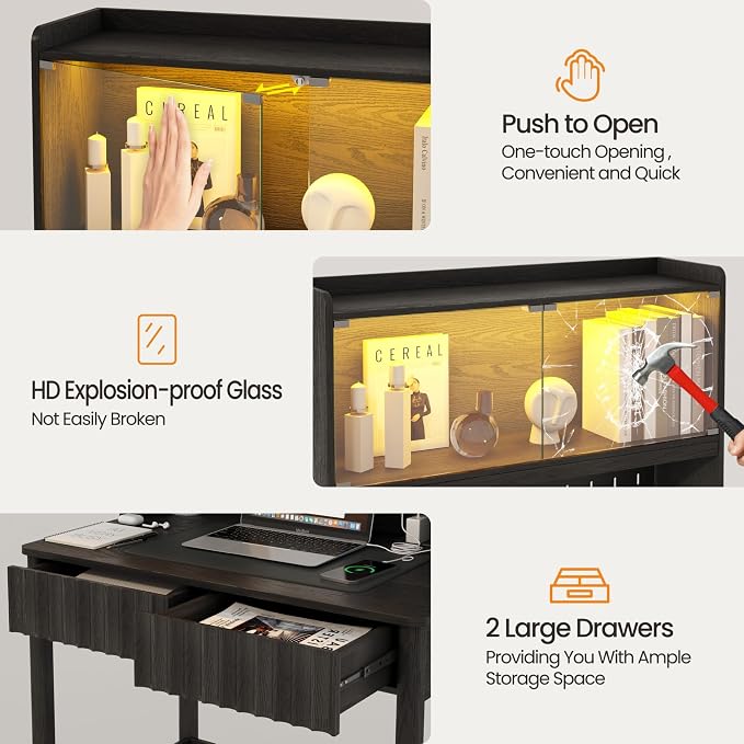 Lvifur 31.5" LED Study Desk with Hutch,Outlets,Reading Lights | Computer Desk with Charging Station,2 Drawer,Compact Writing Desks,Home Office Desks for Bedroom,Black - Image 6