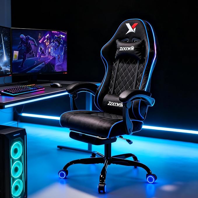 Velvet Gaming Chair, Ergonomic High Back Racing Chair with Footrest, Spring Wide Cushion, Adjustable Headrest & Lumbar Support, 90-135° Recline, 360° Swivel, 300lbs for Home Office, Blue - Image 2