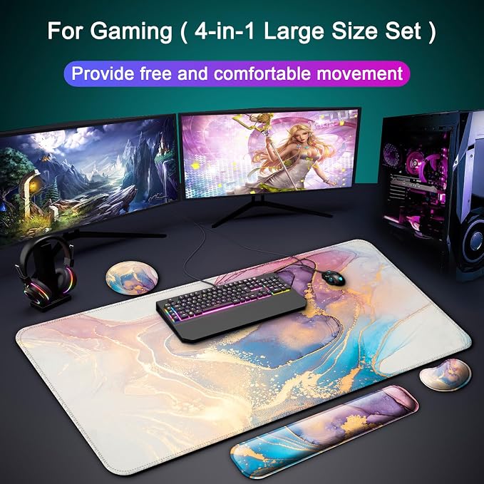 4 in 1 Mouse Pad and Keyboard Wrist Rest,Large Desk Mat,Coaster Set-Marble - Image 8