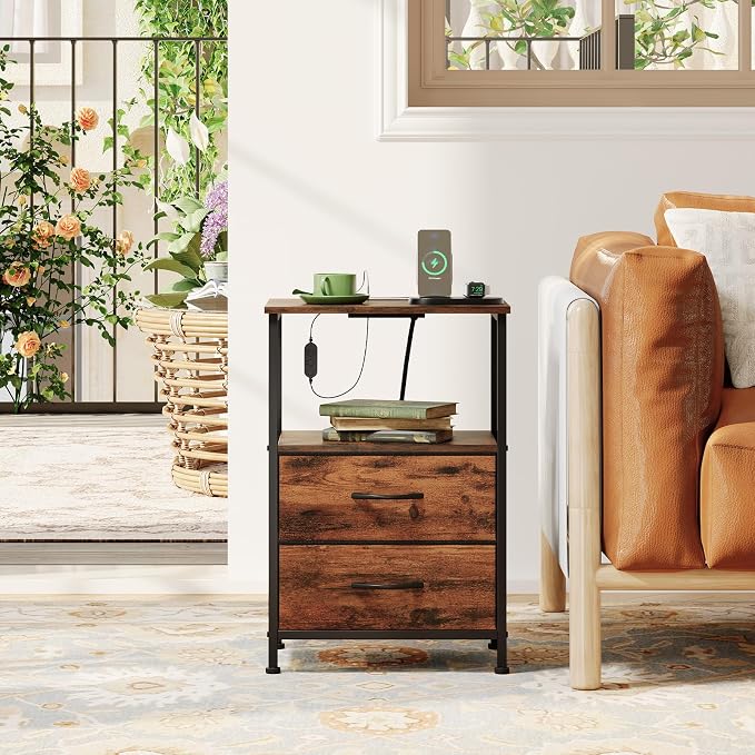 Somdot Nightstands Set of 2 with 2 Drawers, Charging Station & LED Light - Image 7