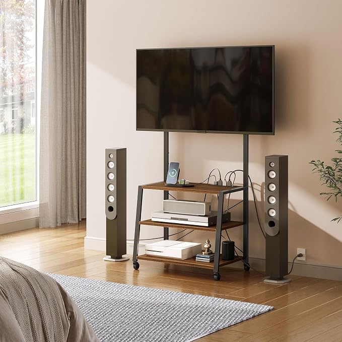 HOOBRO Rolling TV Stand with Mount and Power Outlet Up to 55 inch TV, Corner Entertainment Center, Small TV Stand with 3-Tier Storage Shelves for Living Room, Bedroom, Black and Walnut BH66UDS01 - Image 7