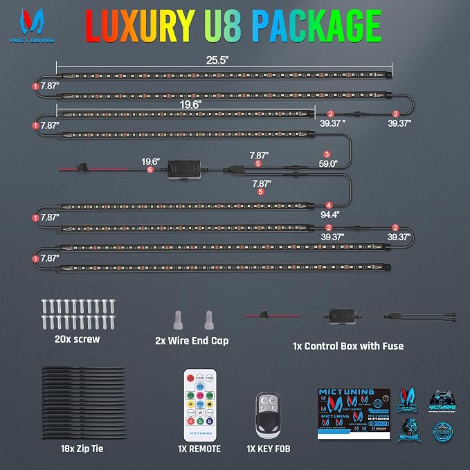 MICTUNING U8 RGBW Underglow LED Light Bars (8-Piece Kit) 888 Ultra-Bright LEDs, Dual Remotes, White+RGB Colors, IP68 Waterproof Aluminum Housing – for Cars, Trucks, SUVs, ATVs - Image 8