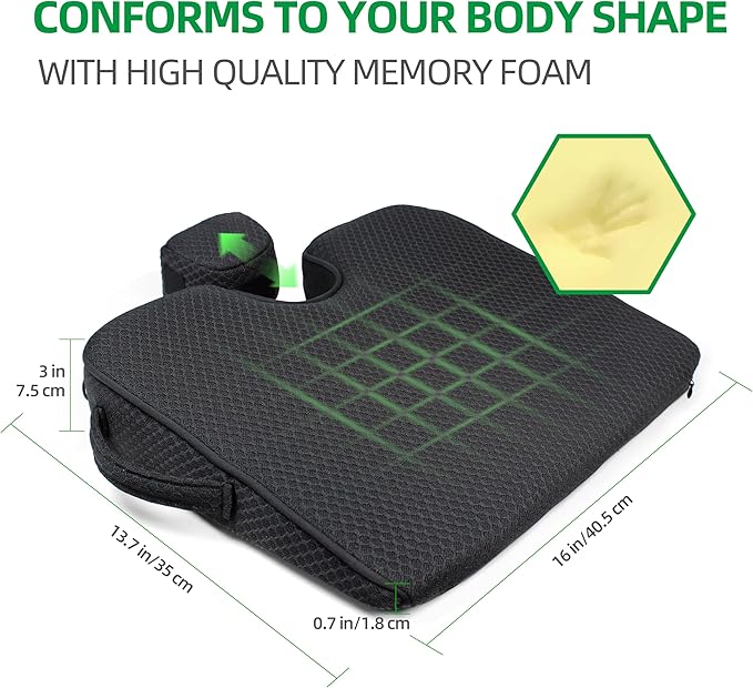 Wedge Seat Cushion Orthopedic Coccyx Tailbone Pain Relief Cushion, Memory Foam Ergonomic Wedge Pillow for Office Chair, Driving, Wheelchair, Gaming Non-Slip Bottom with Portable Handle - Image 2