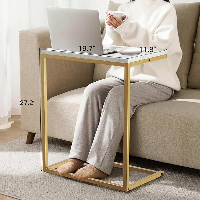 Pipishell C Shaped End Table 27 inches High, Side Table with Modern Marbling Wood Table Top for Couch Slide Under, C Table Sofa Side End Table for Living Room - Image 6