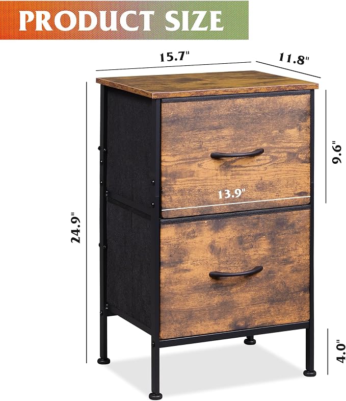 WLIVE Night Stand, Small Dresser with 2 Drawers & Wooden Top, Nightstand with Fabric Bins, Bedside Table End Table for Bedroom, Closet, Entryway, College Dorm, Rustic Brown - Image 3