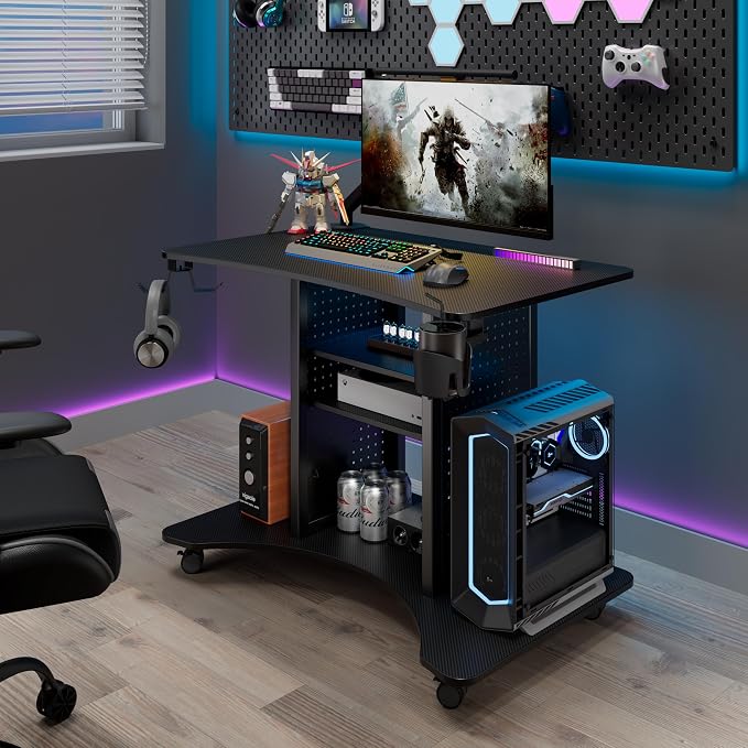 EUREKA ERGONOMIC Gaming Desk Computer, 37" Rolling Desk on Wheels for Small Space, Mobile Computer Cart with Pegboards Adjustable Shelves for Gaming PS Switch Home Office - Black - Image 9