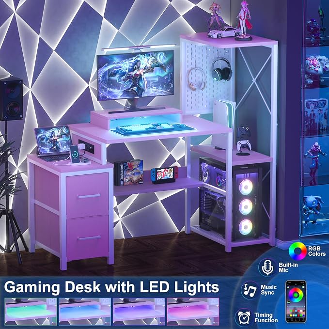 Small Gaming Desk with 2 Fabric Drawers - Reversible Computer Desk with Power Outlet & LED Lights, 49" Office Desk with Monitor Stand & Storage Shelves, Writing Study Table with Pegboard, Pink - Image 5