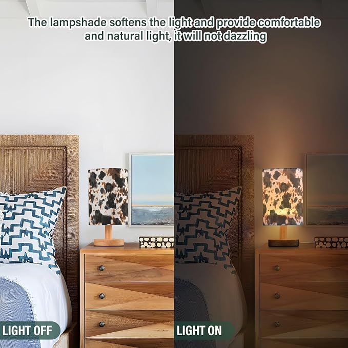 Bedside Table Lamp Cow Tie Dye Print Nightstand Lamp with Wood White Black Brown Animal Skin Desk Lamps for Bedroom Living Room Nursery Office Home Decor - Image 4