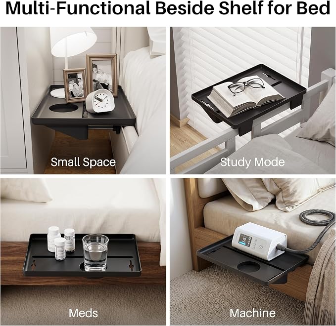 JOYMOOP Clip-On Bedside Shelf for Bunk Beds, Dorm Room Essentials, Bedside Caddy, No-Tool Install Bed Side Table Storage for Loft, Platform Beds, Nightstand Caddy for Phone, Glasses, Book, Black - Image 6