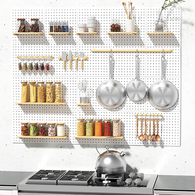FZK Modular Plastic Pegboard Wall Organizer Kit, White， 12x12, 4 Panels | ABS material, wall mount storage kit, includes hooks and shelves, drill free or screw installation, for home decor & office - Image 6