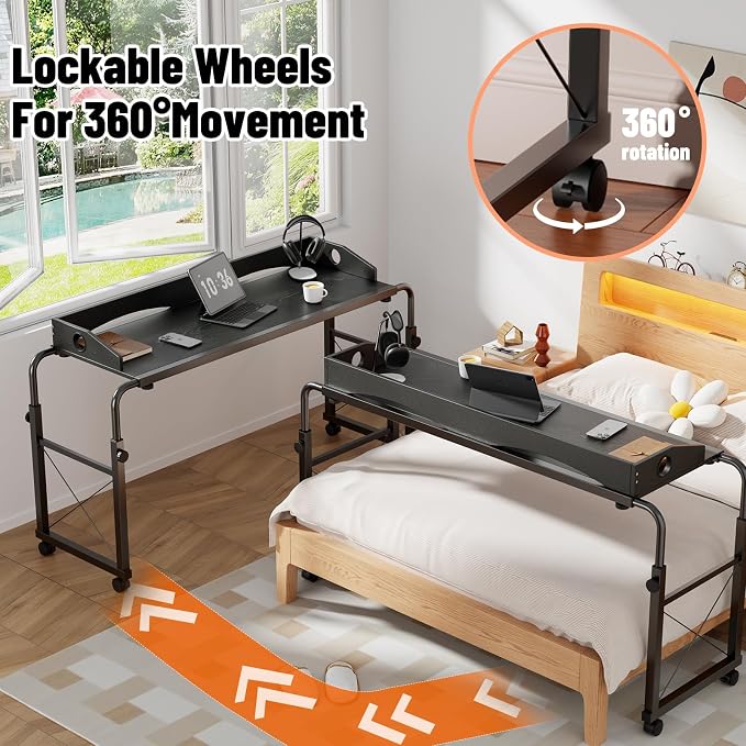 Overbed Table with Wheels, Adjustable Queen & King Bed Desk, Black - Image 4