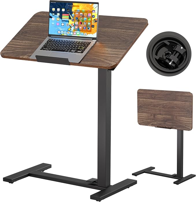 BIZUM Mobile Standing Desk Laptop Desk Pneumatic with Wheels 180° Tilt Top Hospital Bed Table Portable Rolling Cart Foldable Bedside Table for Hospital&Home Use, Walnut by Unknown