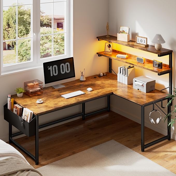 DurayLoly 53"L Shaped Desk with Storage Shelf,Side Bag,Hook for Small Space by Durayloly