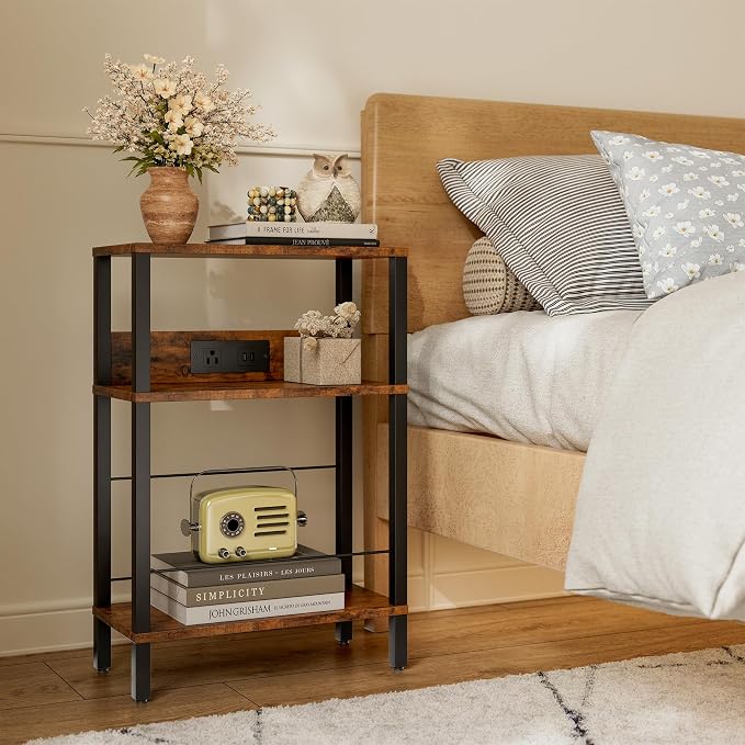 Narrow Nightstand with Charging Station,Rustic Brown Side Table with Outlet - Image 7