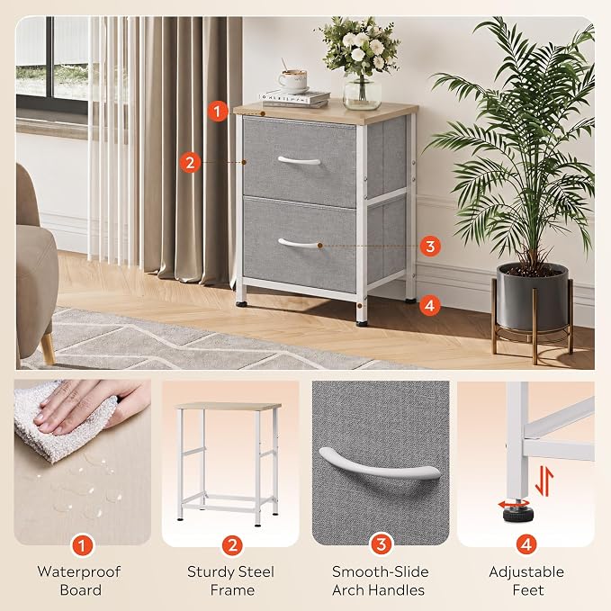 WLIVE Night Stand, Gray Nightstand with 2 Fabric Drawers, Small Dresser for Bedroom, Closet, College Dorm, End Table Side Furniture, Wood Top, Light Grey - Image 5
