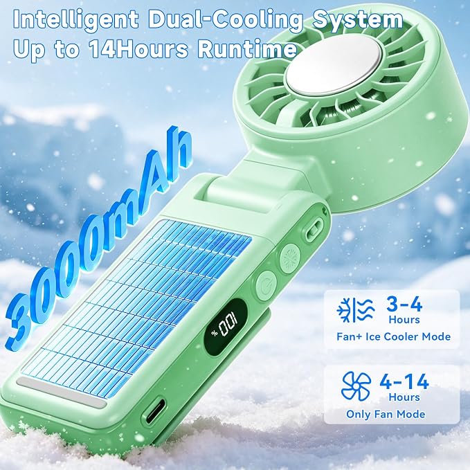 Handheld Portable Turbo Fan with Ice Cooling,5 Speed Rechargeable LED Display Foldable Hand Held Personal Clip/Neck/Waist Fan,180°& 360° Adjustable,Pocket Mini Fan for Outdoor/Home/Office (Green) - Image 3