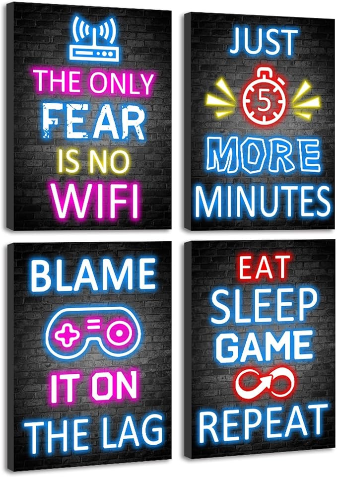 KUVIOKE Video Gamer Room Neon Decor for Teen Boys Gaming Wall Art Gamer Signs Teenage Bedroom Decor Set of 4, 8x10in (Framed) - Image 9