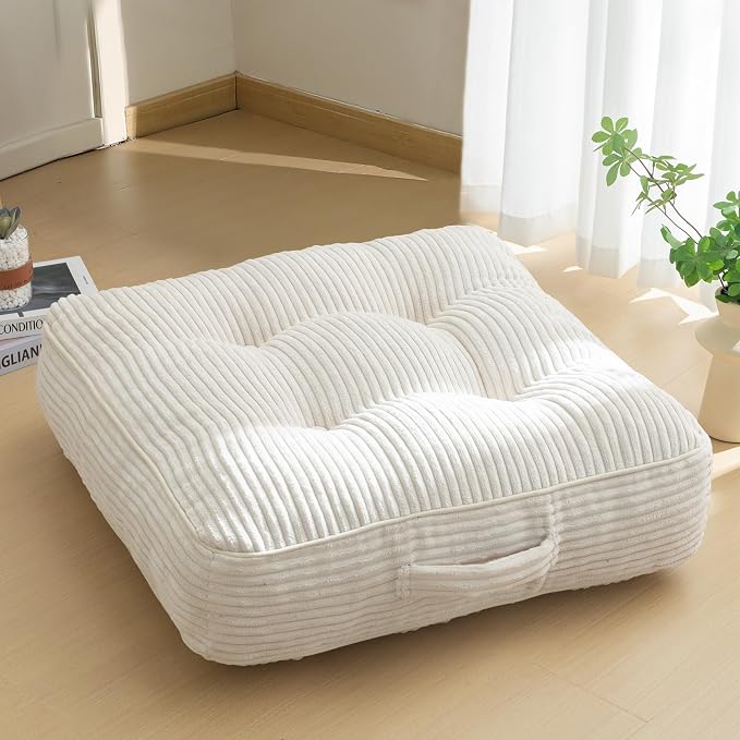 HIGOGOGO 6" Extra Thick Floor Pillow Cushion for Adults, Meditation Cushion Pillow, Large Square Floor Sitting, Tufted Corduroy Cover, for Tatami Living Room or Yoga, 22x22 Inch, Beige by HIGOGOGO
