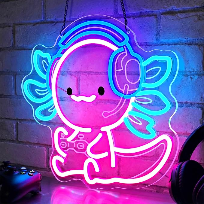 Cute Axolotl Gaming Neon Sign with Headset & Controller,LED Neon Wall Light for Gamer Room Decor,USB Powered Dimmable Neon Light for Bedroom,Teens Room,Game Setup - Image 2
