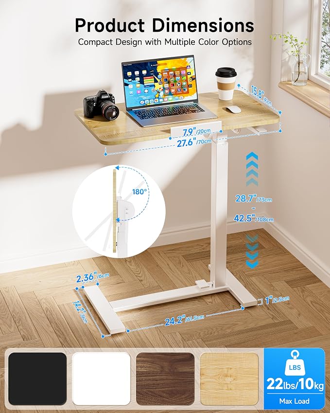 BIZUM Mobile Standing Desk Laptop Desk Pneumatic with Wheels 180° Tilt Top Hospital Bed Table Portable Rolling Cart Foldable Bedside Table for Hospital&Home Use, Maple - Image 2