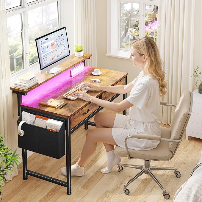 DurayLoly Gaming Desk with 2 Drawers &LED Lights,Space Saving,Rustic Brown - Image 4