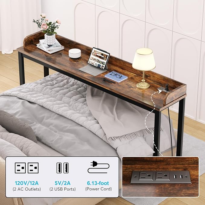 Ytaoka Table Overbed, Walnut, Queen Size, Wheels, Charging Station, 70.8" for Home and Hospital - Image 5