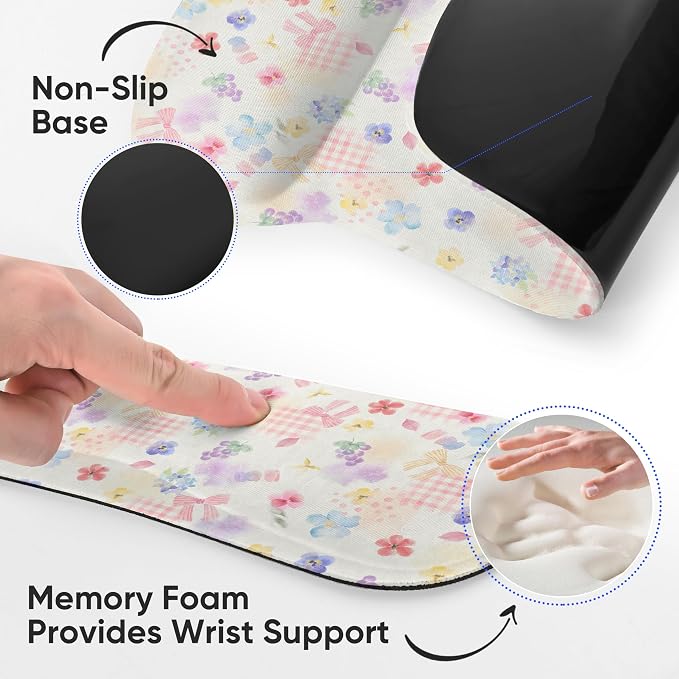 Ergonomic Memory Foam Keyboard Mouse Pad Set with Wrist Rest Support,Non-Slip Hand Wrist Cushion for Laptop/Notebook/Desktop/Computer/Gaming/Office,Easy Typing& Pain Relief (Flowers & Bowknot) - Image 5