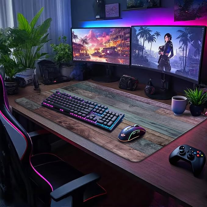 Rustic Wood Pattern Large Gaming Mouse Pad Desk Mat 31.5"x15.7" | Extended Mousepad, Non-Slip Rubber Base , Stitched Edges, for Computer/Laptop/Office/Home - Image 2