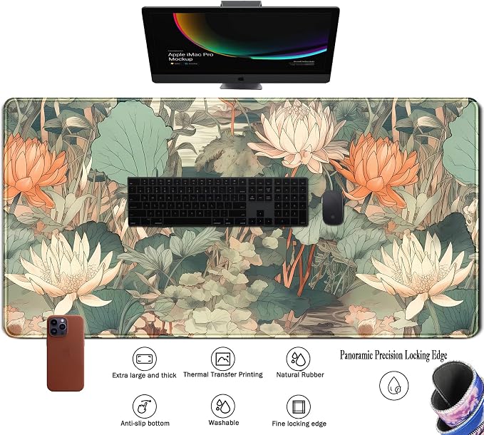 Light Emerald and Orange Floral Desk Mat, XXL Large Extended Mouse Pad Gaming Desk Pad, Aesthetic Asian Lotus Flower Big Laptop Keyboard and Mouse Mat for Women Desktop Office Decor 31.5x15.7 in - Image 3