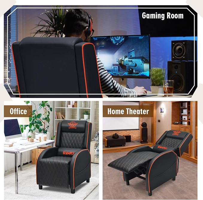 GYMAX Massage Gaming Recliner Chair, Ergonomic Racing Style Single Sofa with Adjustable Headrest, Backrest & Footrest, Home Theater Sofa for Living Room Office (Orange) - Image 8