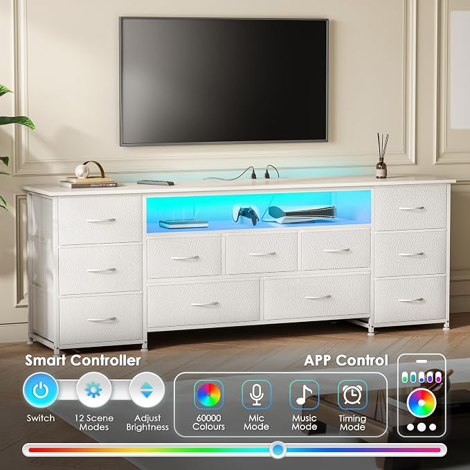 Huuger 63 Inch TV Stand for 65, 70 Inch TV, 11 Drawer Long Dresser with Power Outlets and LED Lights, Entertainment Center with Storage, White Dresser with PU Leather Surface - Image 4