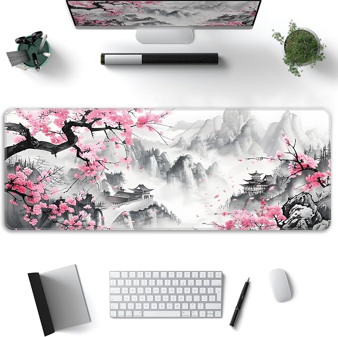 Japanese Watercolor Cherry Blossoms Desk Mat, XL 31.5"x11.8" Large Mouse Pad, Pink Sakura Extended Gaming Mouse Mat,Non-Slip Rubber Base Waterproof with Stitched Edges for Gaming Office Home Decor - Image 2