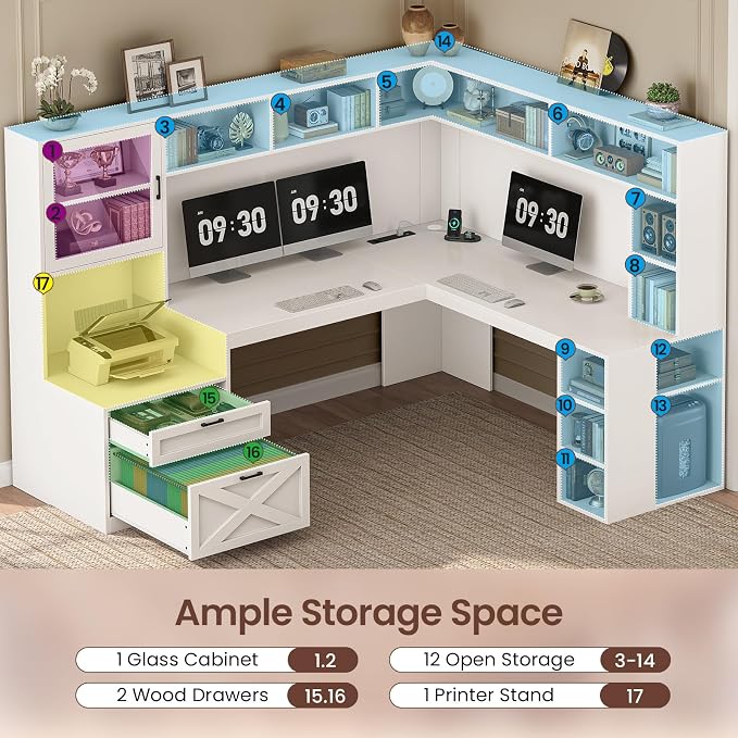 SEDETA Farmhouse L Shaped Office Desk with Double Hutch, Storage Drawers - Image 4