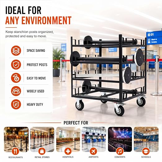 12 Posts Stanchion Cart, Crowd Control Stanchion Cart, Easy to Assemble, Horizontal Padded Storage Locking Wheels for Safety with 4 Tie-Down Straps, 32 x 32 x 42 in - Image 7