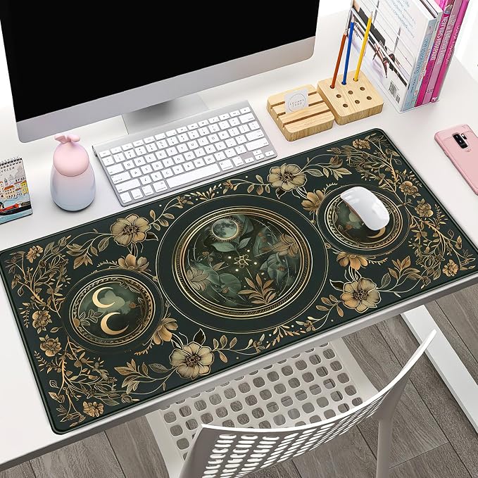 Celestial Art Nouveau Botanical Desk Mat Gold Moon Large Mouse Pad Emerald Vintage Big Gaming Mousepad 31.5''X15.7'' Plant Aesthetic Desk Pad XXL Extended Keyboard Mouse Mat Office Decor - Image 4
