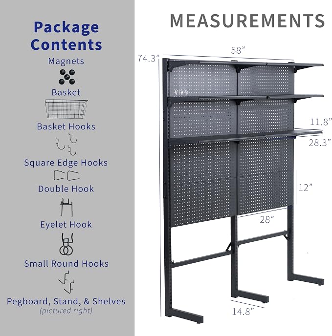 VIVO Freestanding Modular Steel Pegboard System, 74 inch High Magnetic Accessory Organizer for Home and Office, Black, PP-2-PB058 - Image 3